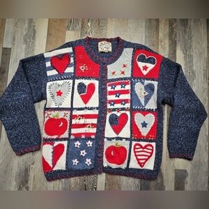 Heirloom Collectibles Cardigan Sweater Americana Hearts Stars Red White Blue